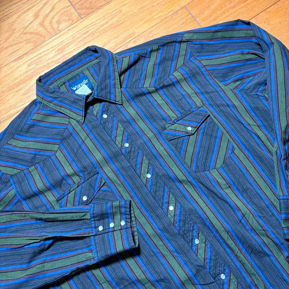 Vintage Wrangler Western Shirt Men 3XLT Blue Stripe Pearl Snap Long Sleeve Shirt